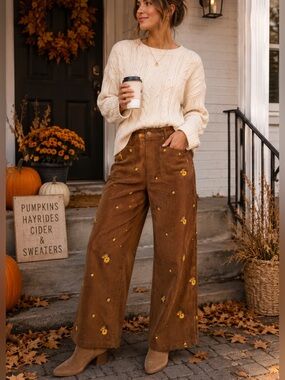 SHEIN Brown Corduroy Pants with Yellow Floral Detail